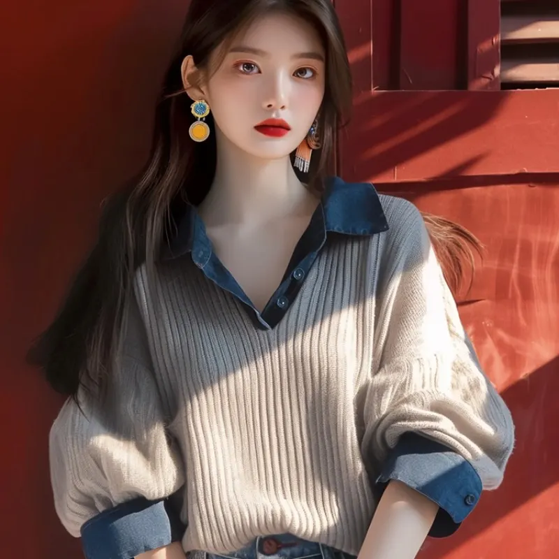 秋冬韓系慵懶風灰色翻領針織上衣