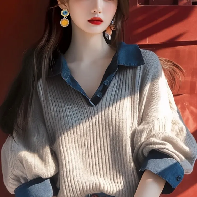 秋冬韓系慵懶風灰色翻領針織上衣