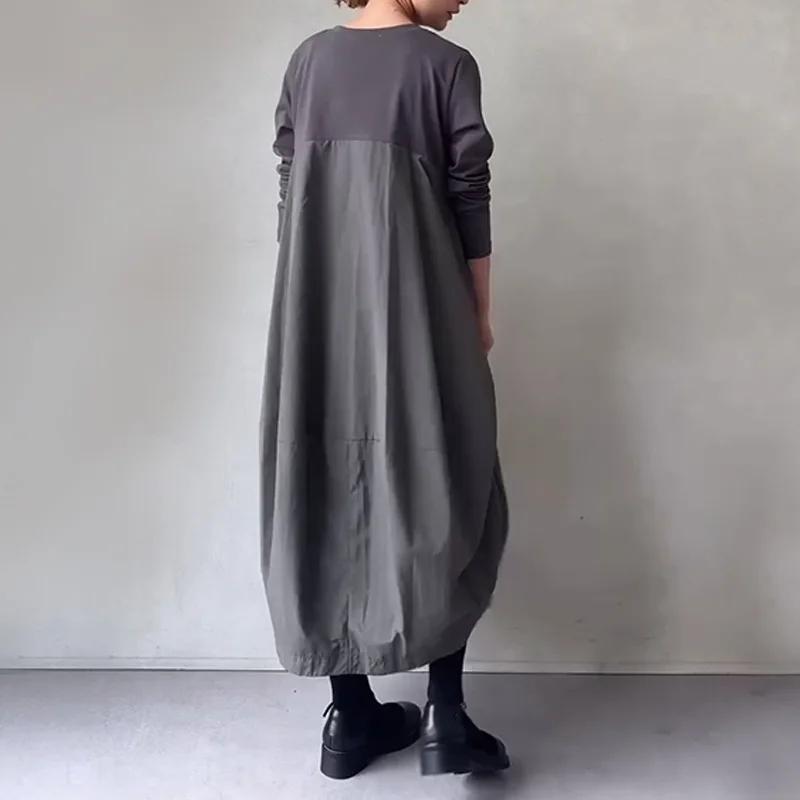 秋冬日韓系樂天圓領長袖針織拼接長款洋裝