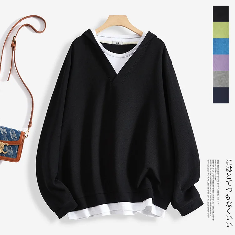 春秋大版型寬鬆遮肉假兩件連帽TEE 中長款百搭長袖