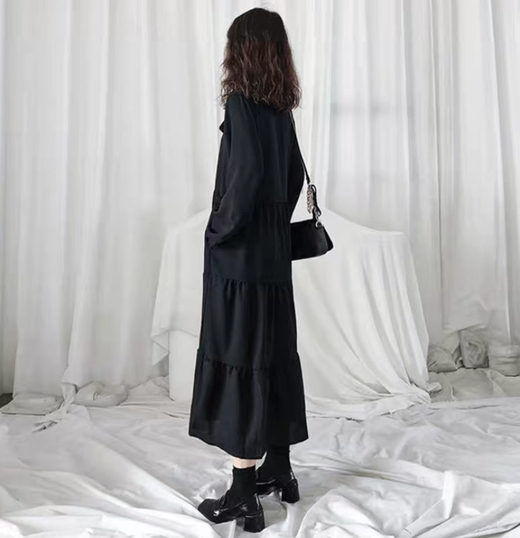 法式復古通勤小黑裙-寬鬆氣質桔梗裙 溫柔風秋季連身裙