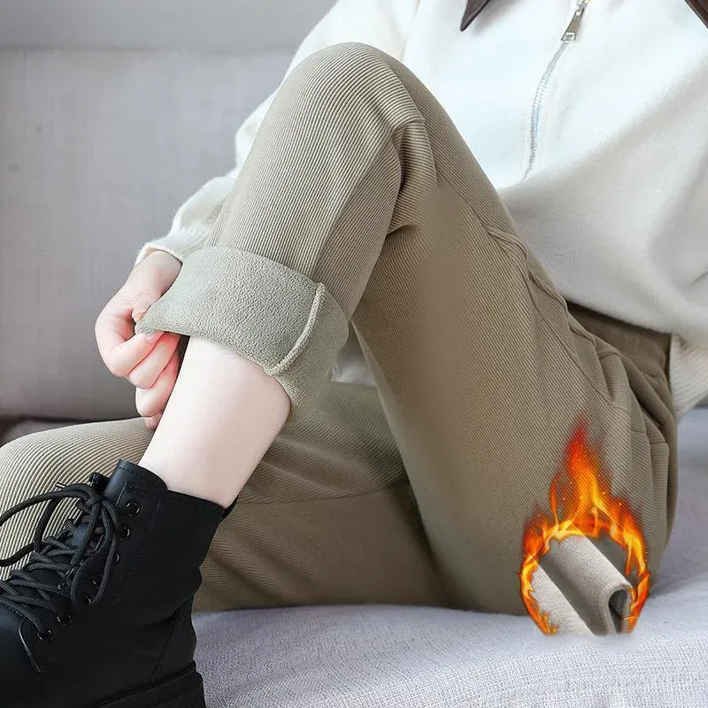 高腰顯瘦刷毛保暖長褲 寬鬆小腳休閒褲