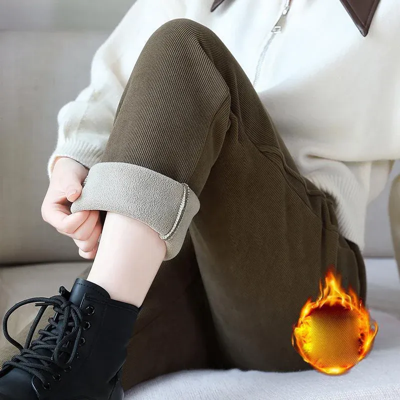 高腰顯瘦刷毛保暖長褲 寬鬆小腳休閒褲