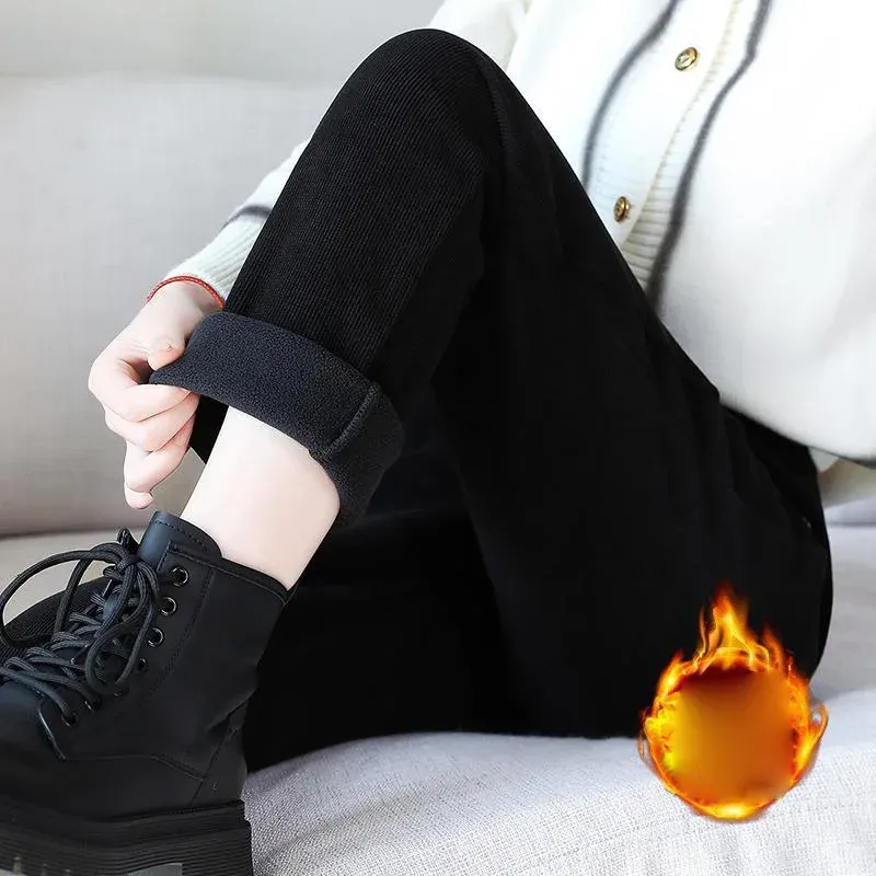 高腰顯瘦刷毛保暖長褲 寬鬆小腳休閒褲