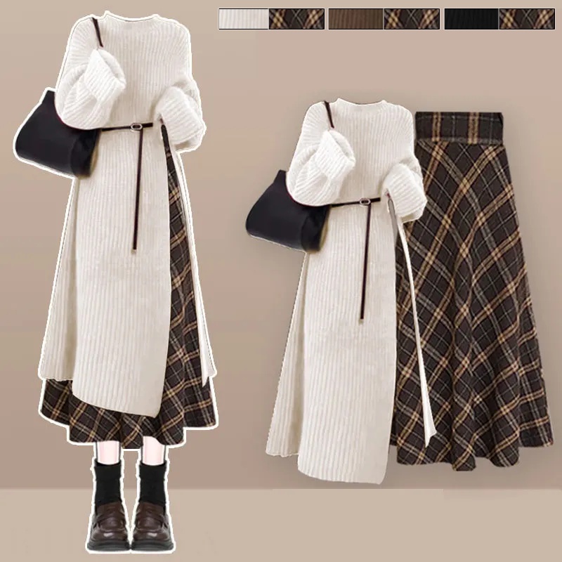 【單品可選】法式高級感套裝氣質長針織毛衣搭顯瘦格紋半身裙兩件套