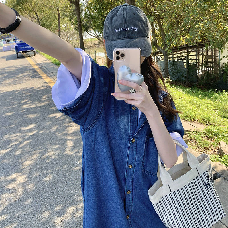 復古牛仔襯衫洋裝 中長版 翻領口袋 寬鬆顯瘦 清爽極簡