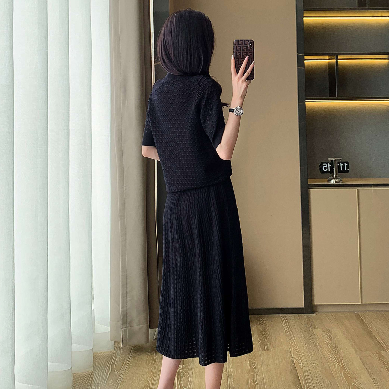 小香風鏤空針織套裝 法式刺繡透膚傘狀裙可拆式兩穿上下套裝