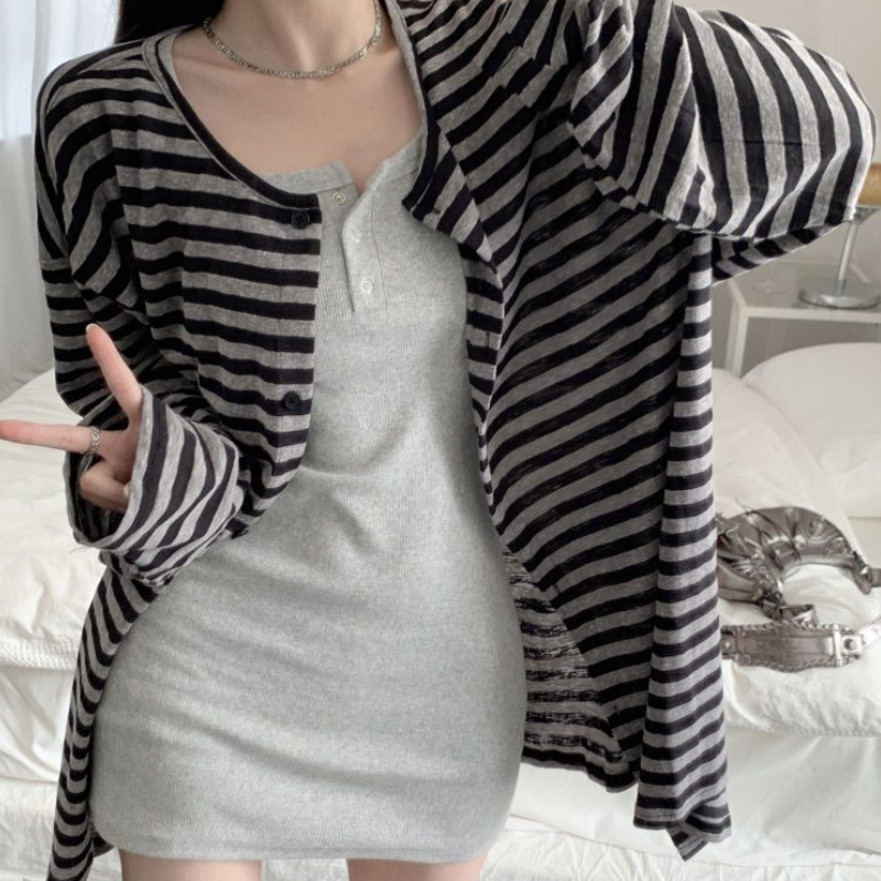 條紋針織開襟外套＋背心洋裝｜兩件式 甜辣風 修身顯瘦（長版／短版）