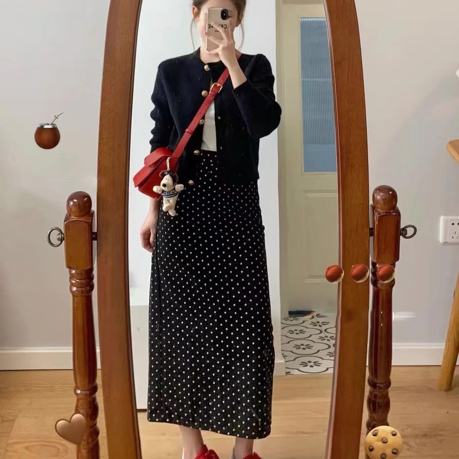 【單品可選】加大黑色小香風套裝 圓點洋裝＋針織開襟外套 兩件式成套 優雅顯瘦