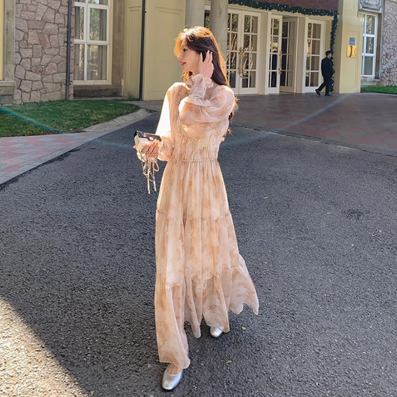 飄逸雪紡法式方領泡泡袖長洋 碎花初戀風顯瘦雪紡裙