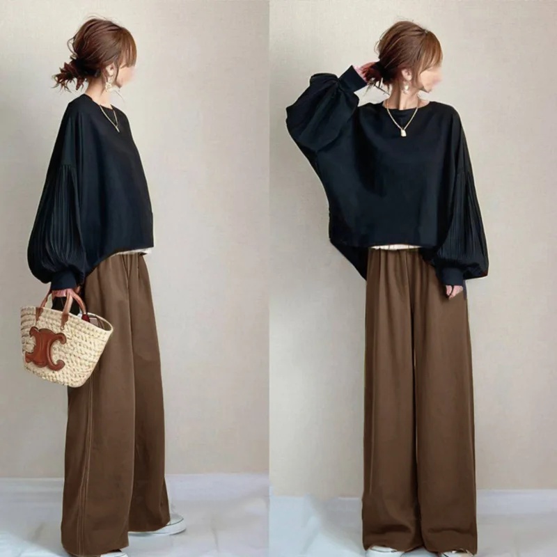 秋季圓領拼接燈籠袖上衣+寬褲長褲兩件式套裝