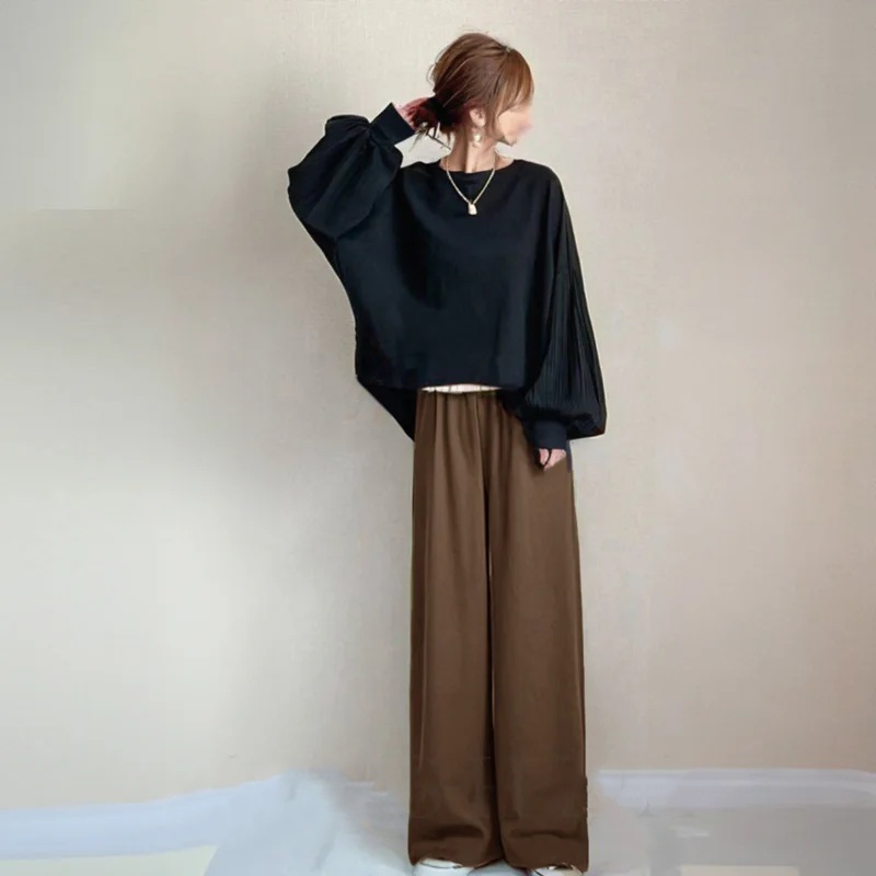 秋季圓領拼接燈籠袖上衣+寬褲長褲兩件式套裝