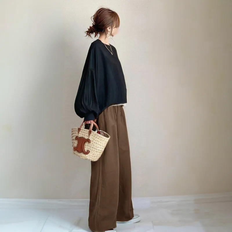 秋季圓領拼接燈籠袖上衣+寬褲長褲兩件式套裝