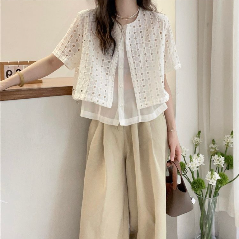 時髦率性 休閒開襟防曬衫 設計感薄款外搭 假兩件短袖襯衫