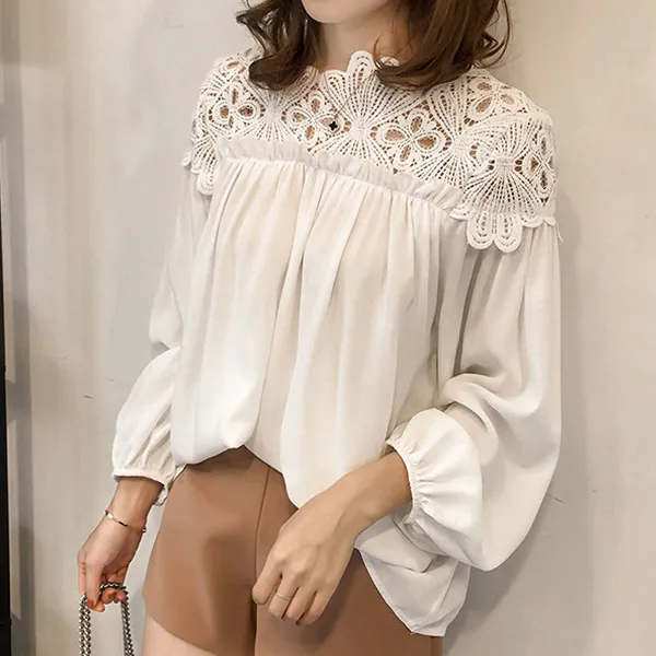 氣質蕾絲鏤空透膚襯衫 韓版大版型寬鬆蝙蝠袖上衣