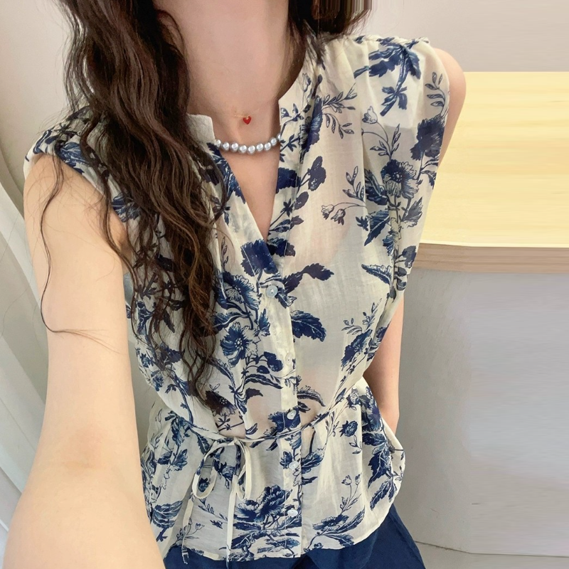 復古印花V領襯衫 設計感文青風無袖上衣