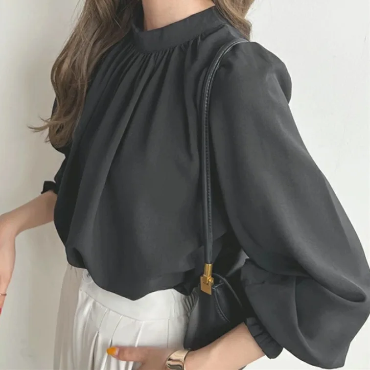 樂天日版半高領泡泡袖雪紡襯衫 優雅淑女OL