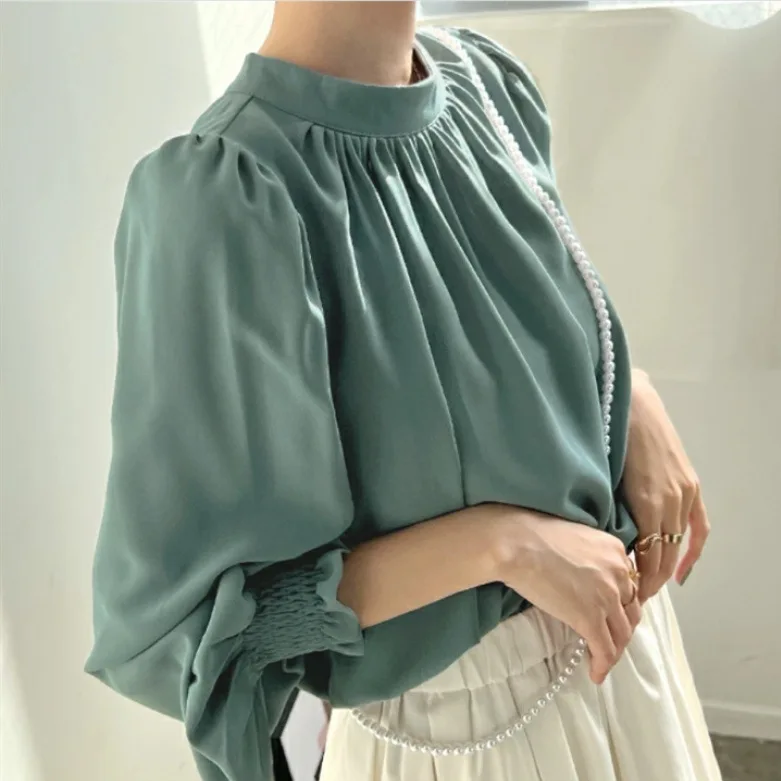 樂天日版半高領泡泡袖雪紡襯衫 優雅淑女OL