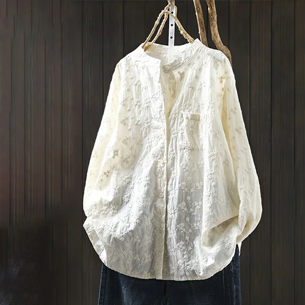 純棉刺繡提花立領襯衫 法式優雅寬版上衣 透氣親膚長袖白襯衫 休閒穿搭學院風顯瘦