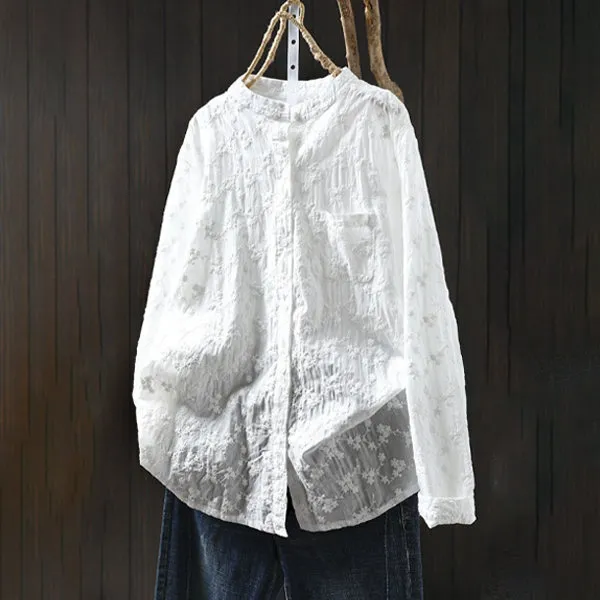 純棉刺繡提花立領襯衫 法式優雅寬版上衣 透氣親膚長袖白襯衫 休閒穿搭學院風顯瘦