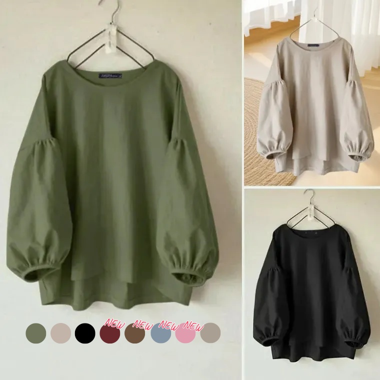 S-4XL/文青風寬鬆素面圓領長袖澎袖上衣 泡泡袖襯衫