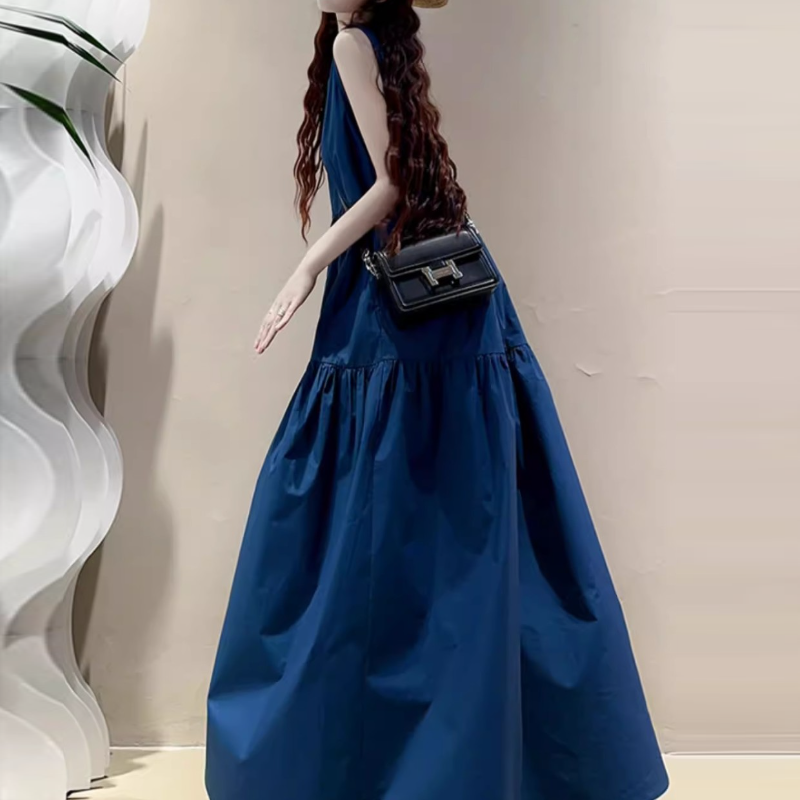 文青風無袖大擺長洋裝 寬鬆A字剪裁 及踝長度 氣質藍色洋裝