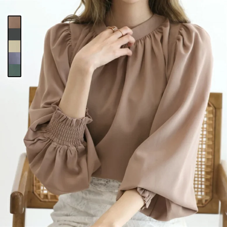 樂天日版半高領泡泡袖雪紡襯衫 優雅淑女OL