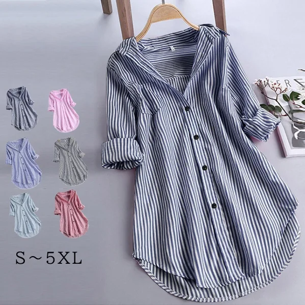 春漾輕旅 法式條紋設計感襯衫 Oversize男友風顯瘦長袖 低領冷氣房穿搭 早春閨蜜野餐藏肉透氣上衣