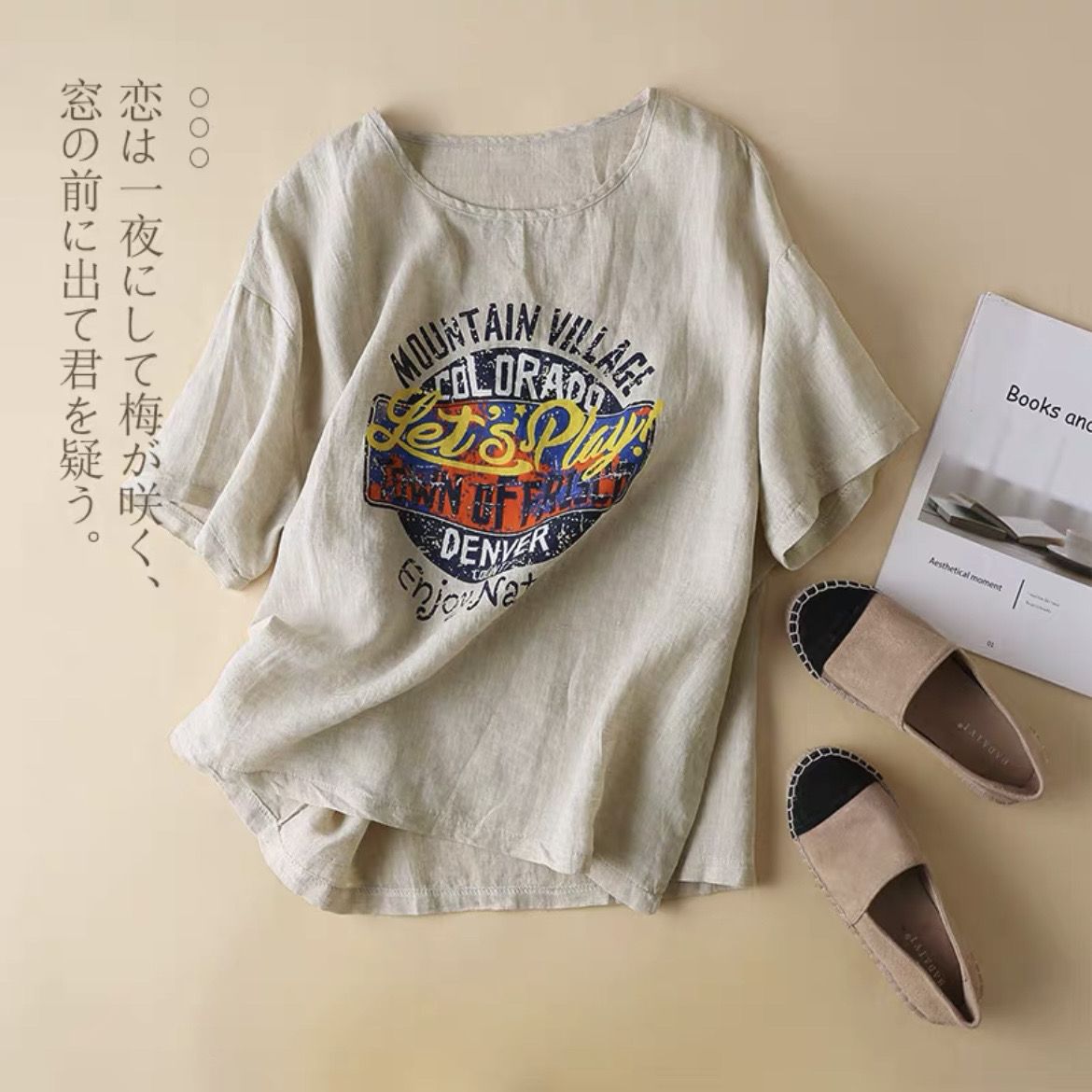 簡約．字母印花圖案上衣  棉麻印花短袖 圓領休閒t恤