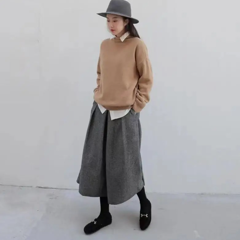 秋冬毛呢寬版裙褲 鬆緊腰九分休閒寬褲