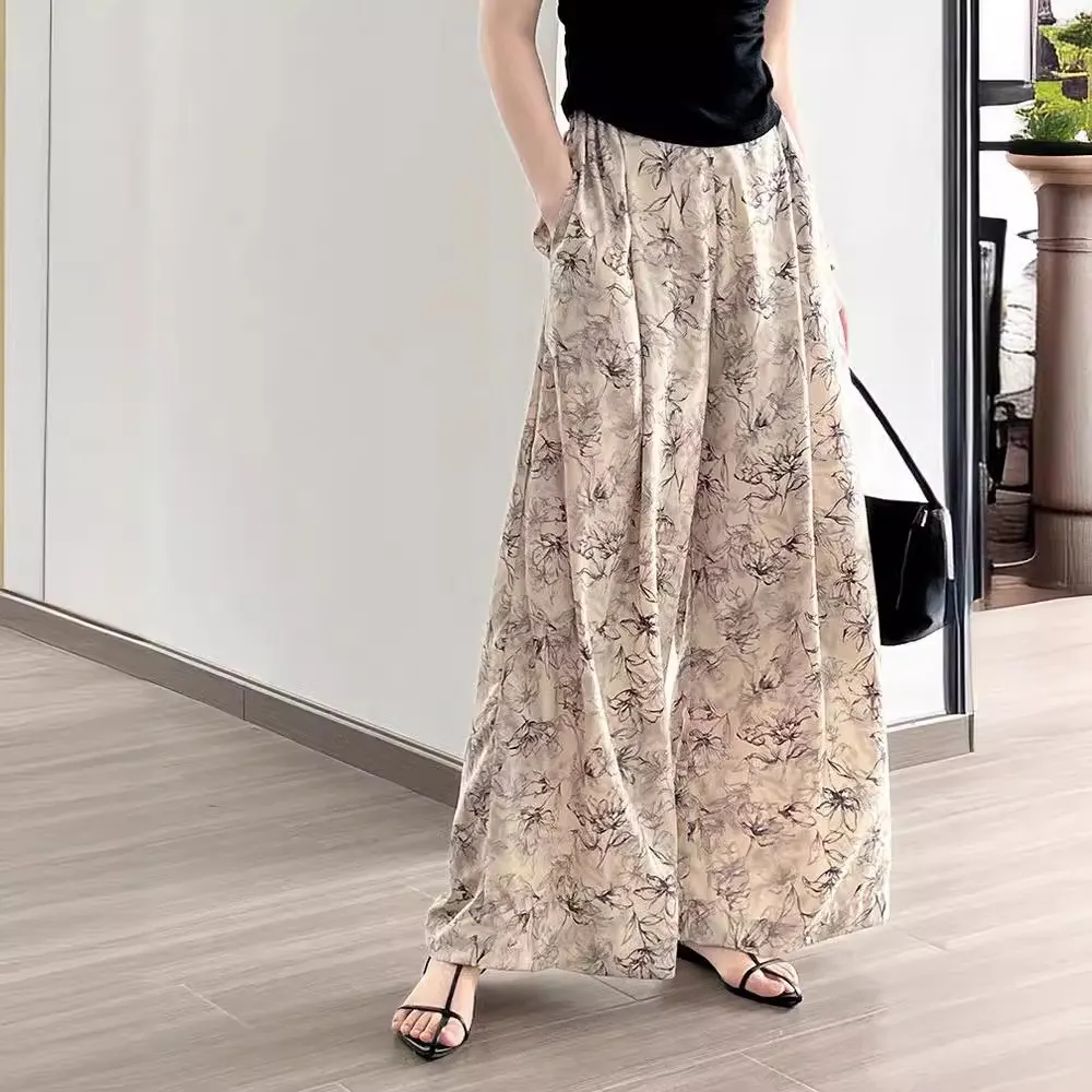 顯瘦水墨寬褲 韓版抗UV冰感纖維高腰休閒寬褲薄款