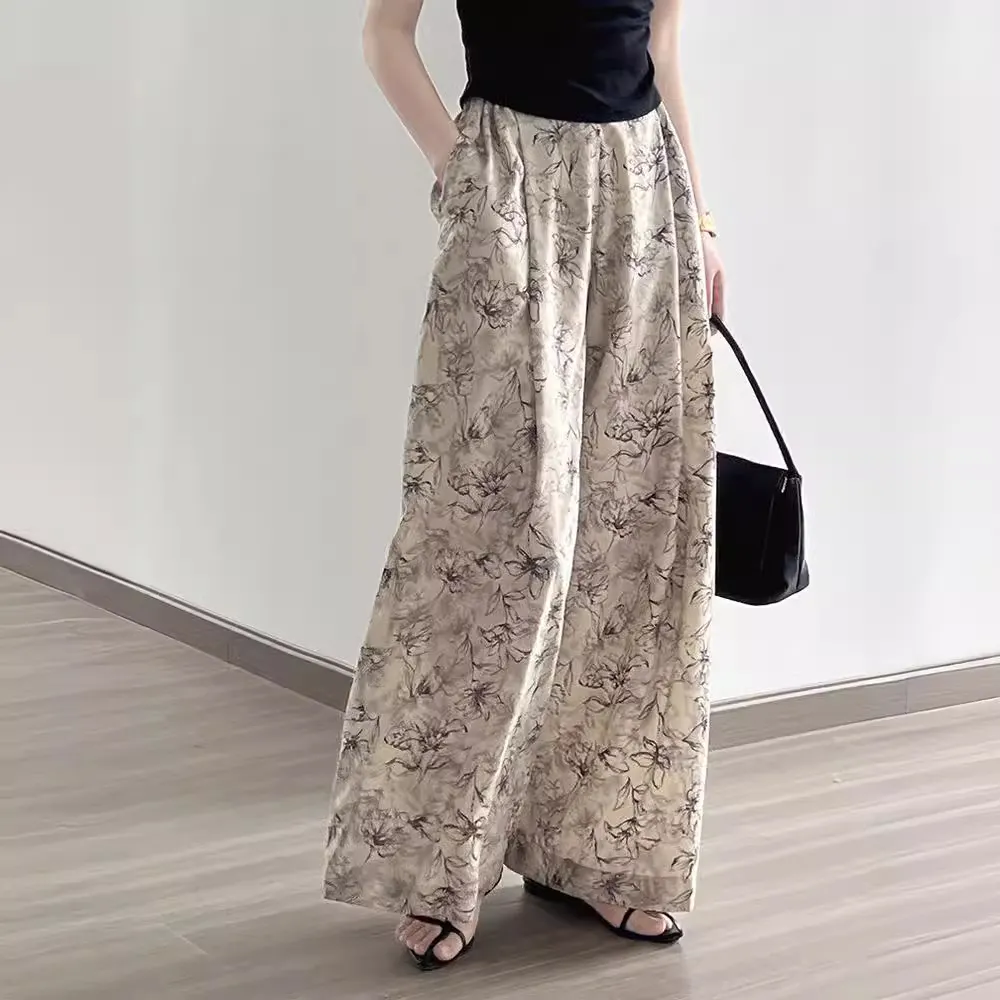 顯瘦水墨寬褲 韓版抗UV冰感纖維高腰休閒寬褲薄款