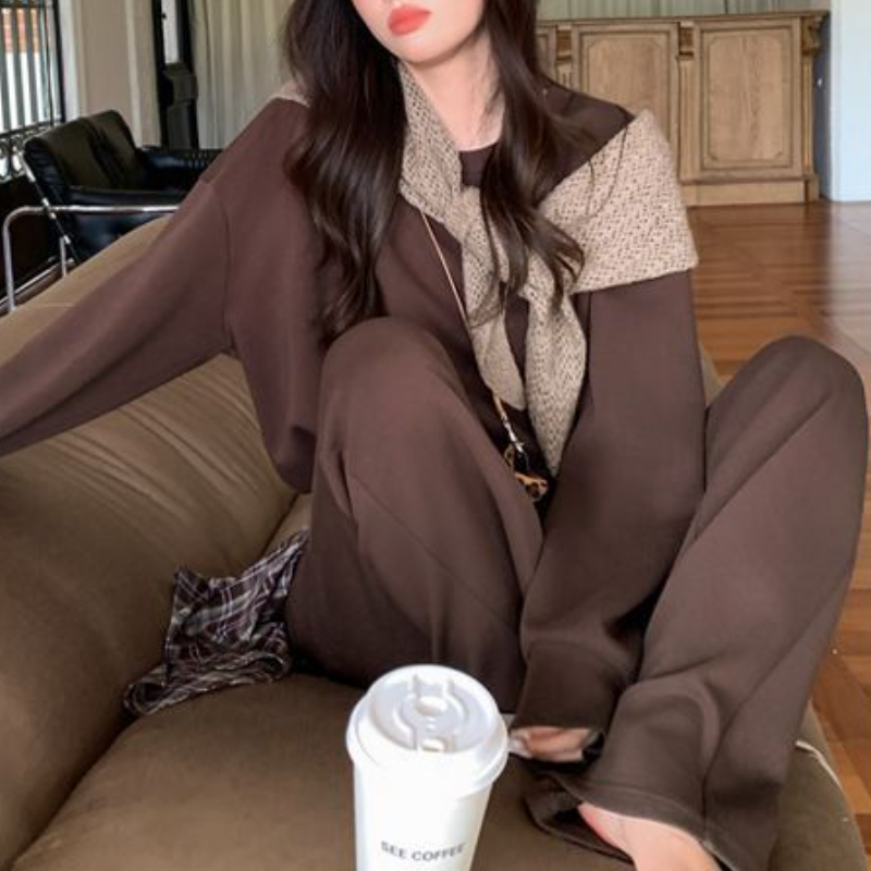 兩件式休閒套裝 長袖上衣＋高腰寬褲（拼接設計）