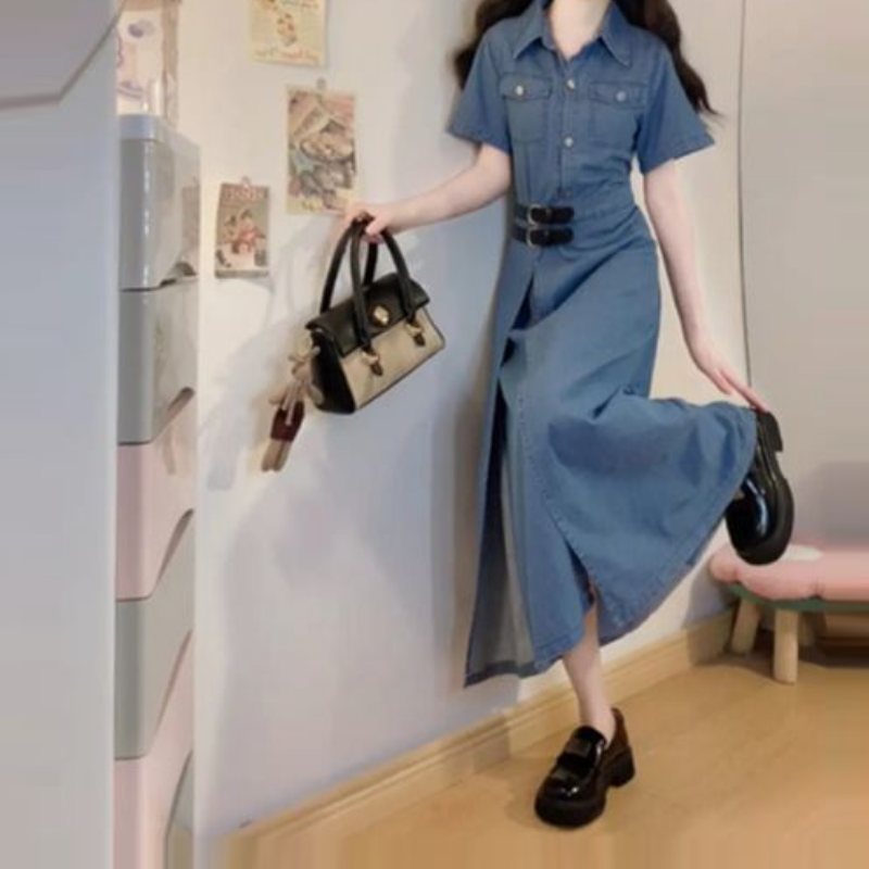 大尺碼牛仔襯衫洋裝 二合一拼接 收腰顯瘦（短版／長版可選）