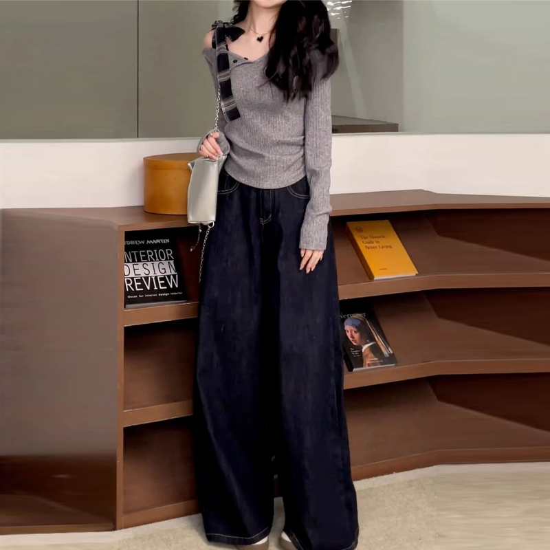 溫柔法式綁帶 斜肩一字領修身針織上衣 早秋顯瘦長袖內搭T恤