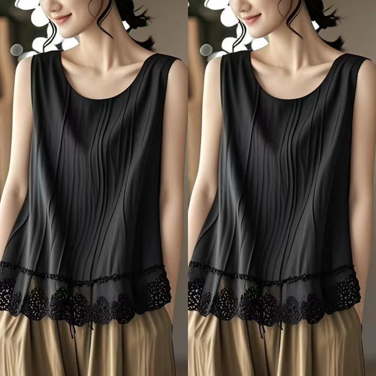 鬆身美人純棉吊帶背心 法式蕾絲遮腰術外搭/內疊/單穿