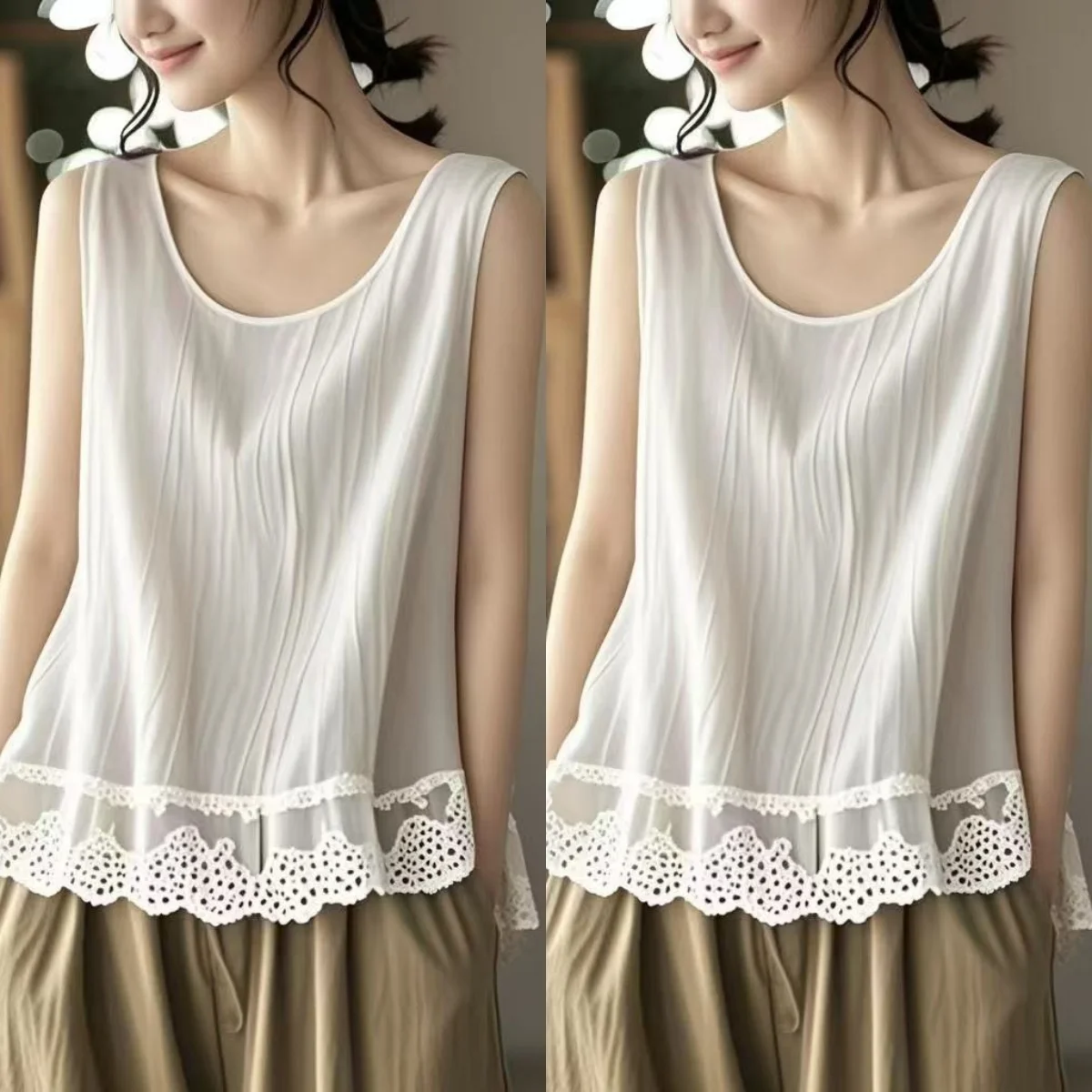 鬆身美人純棉吊帶背心 法式蕾絲遮腰術外搭/內疊/單穿