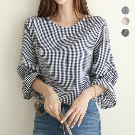 英倫格紋x顯瘦喇叭袖 優雅圓領上衣 寬鬆襯衫顯瘦微喇袖