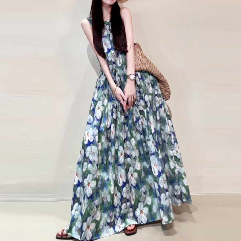 清新印花及踝長洋裝 無袖寬鬆大擺設計 渡假風飄逸款 度假感長洋裝