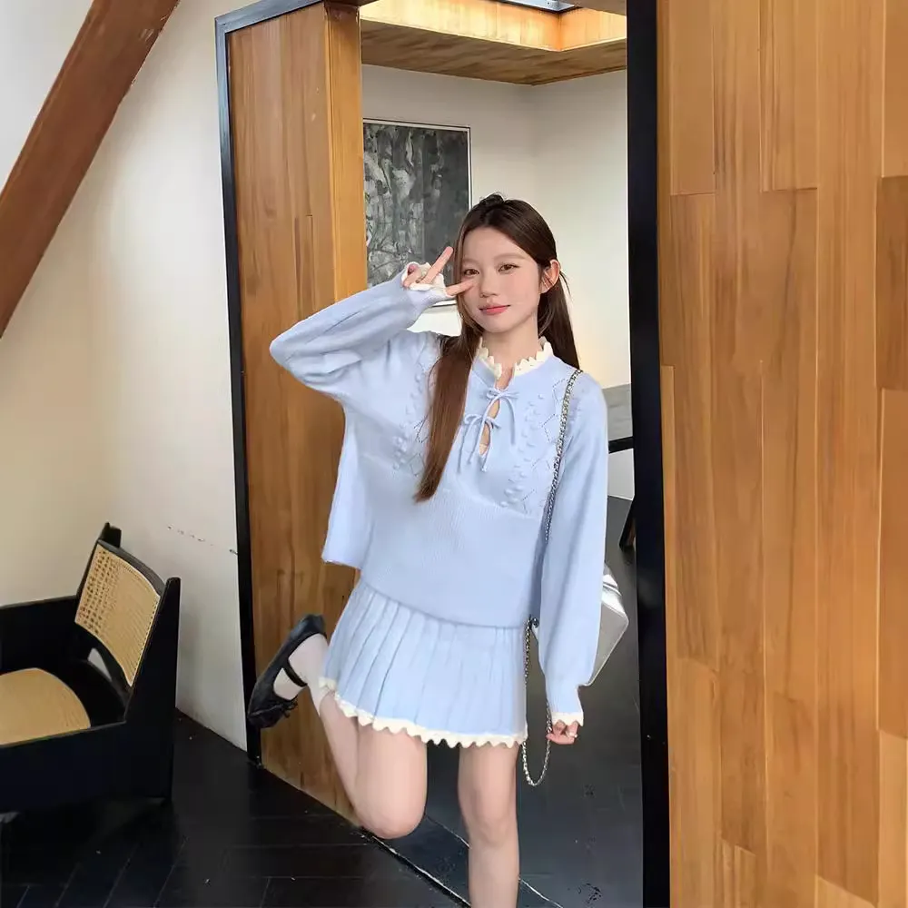 溫柔系針織套裝 蝴蝶結織紋上衣＋百褶裙 兩件式 顯瘦減齡