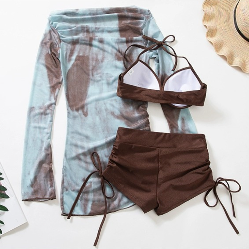 漸層印花三件式泳衣 比基尼＋罩衫套組 修身設計 渡假風款