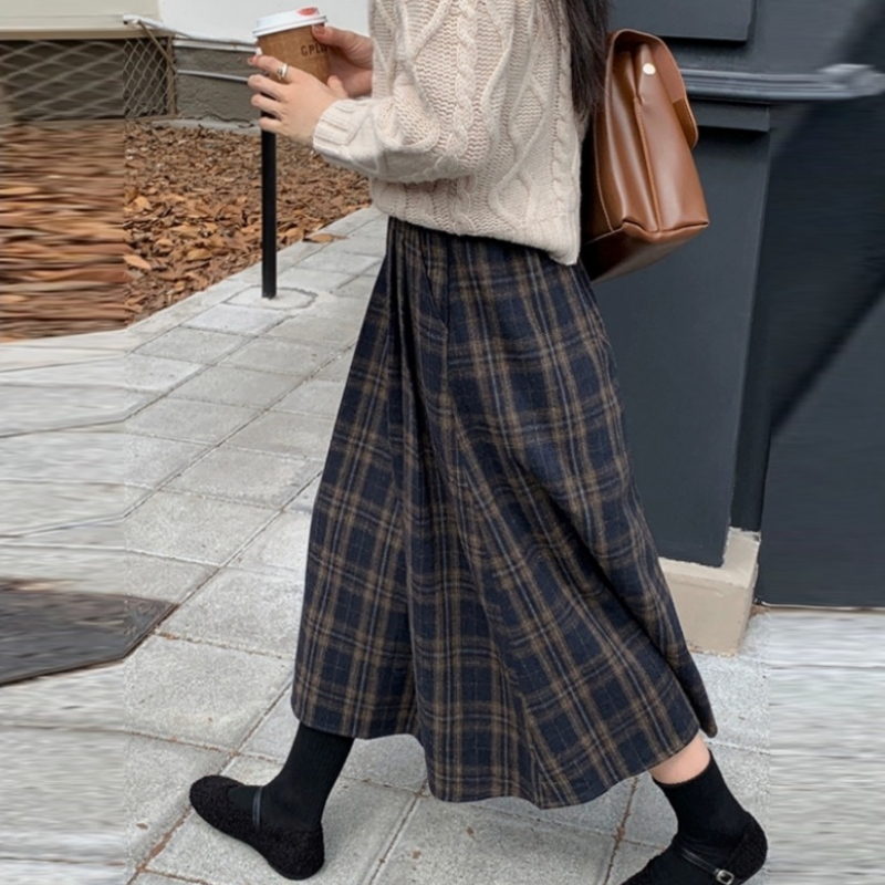 復古格紋毛呢中長裙 高腰A字傘裙 寬鬆顯瘦 修飾臀胯 秋冬百搭