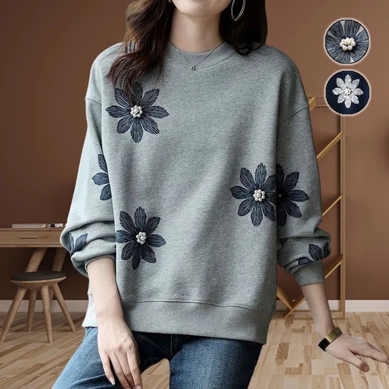 韓系印花大學T 圓領長袖 小花立體釘珠 設計感上衣