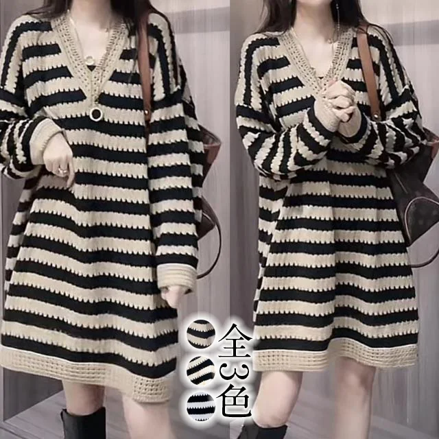 大尺碼V領條紋鏤空針織洋裝 早秋中長版 寬鬆顯瘦