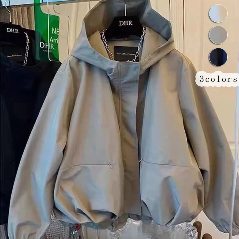 連帽寬鬆短版外套 春秋夾克 立體下擺（微澎） 大口袋 開襟擋風片 百搭顯瘦