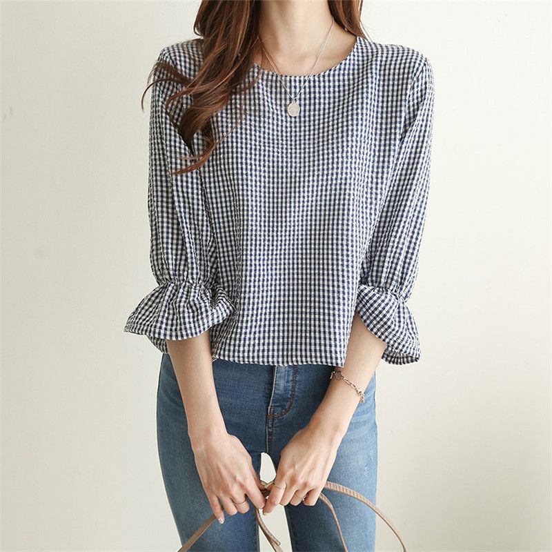 英倫格紋x顯瘦喇叭袖 優雅圓領上衣 寬鬆襯衫顯瘦微喇袖