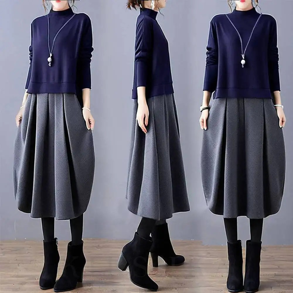 優雅連身半高領長袖假兩件素面洋裝 不規則拼接款 春款