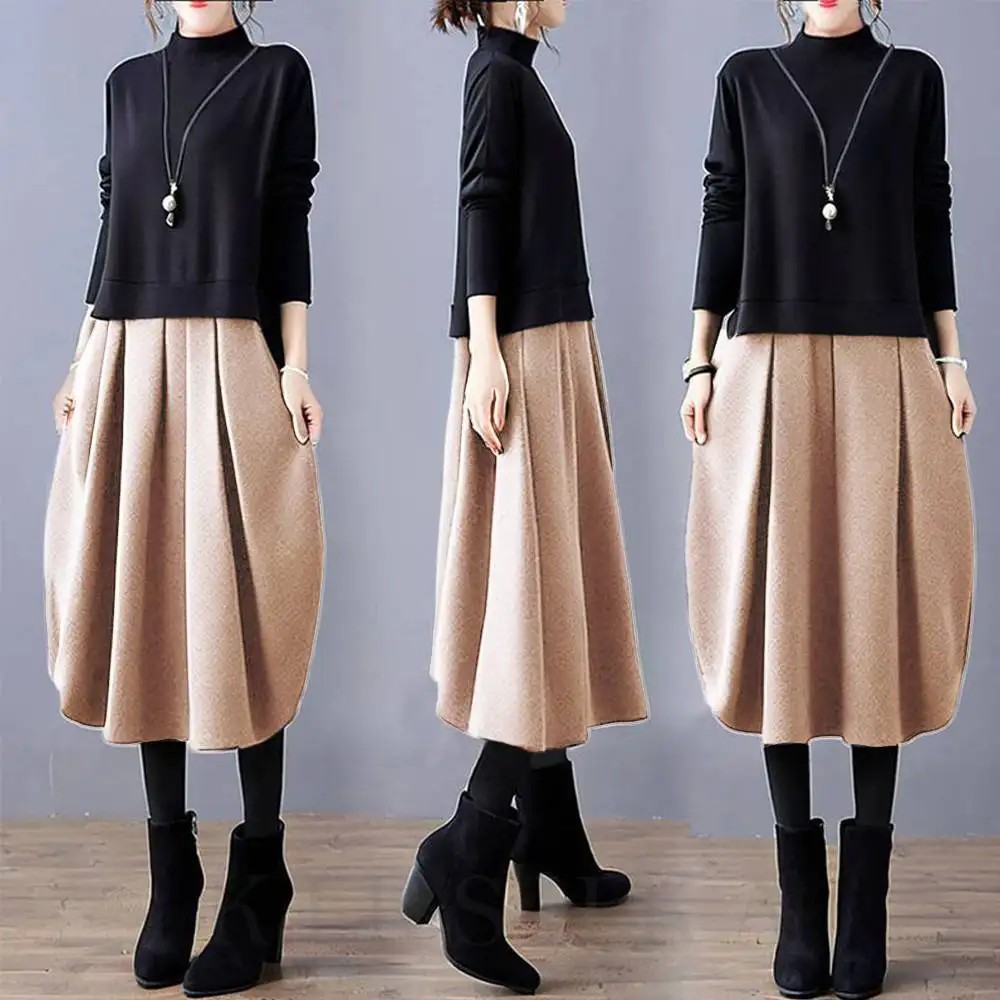 優雅連身半高領長袖假兩件素面洋裝 不規則拼接款 春款