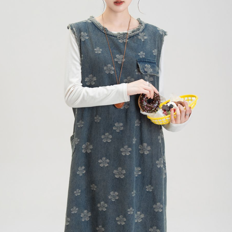 藍色丹寧碎花長版洋裝 韓系高質感 無袖背釦設計