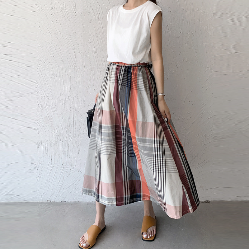 6色*日韓流行格紋寬版大擺百搭半身裙